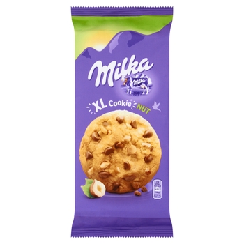 CIASTKA Z KAWAŁKAMI CZEKOLADY MLECZNEJ Z MLEKA ALPEJSKIEGO (23%) IPOKRUSZONYMI ORZECHAMI LASKOWYMI (9%).